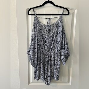 Cinnamon Boho Cold Shoulder Romper Blue White Flowy Large Sleeves